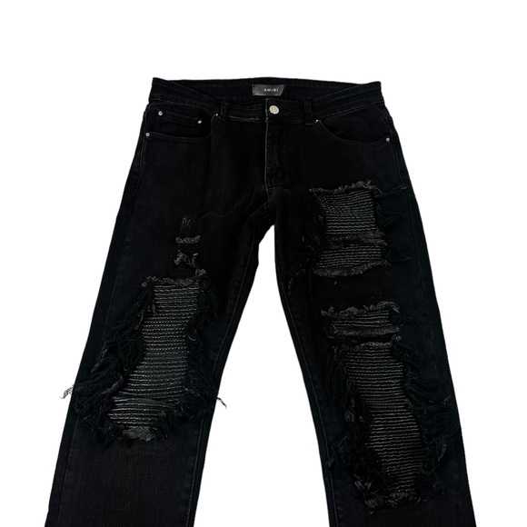 Amiri Mens 30 X 31 Jeans Leather Patch Ripped Skinny Black Cotton Blend Stretch - Picture 8 of 11